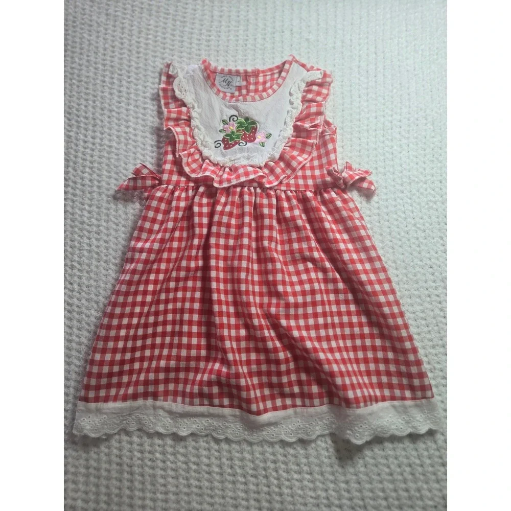 Girls Red Gingham Strawberry‎ Embroidered Lace Trim Dress Farmcore Picnic Large